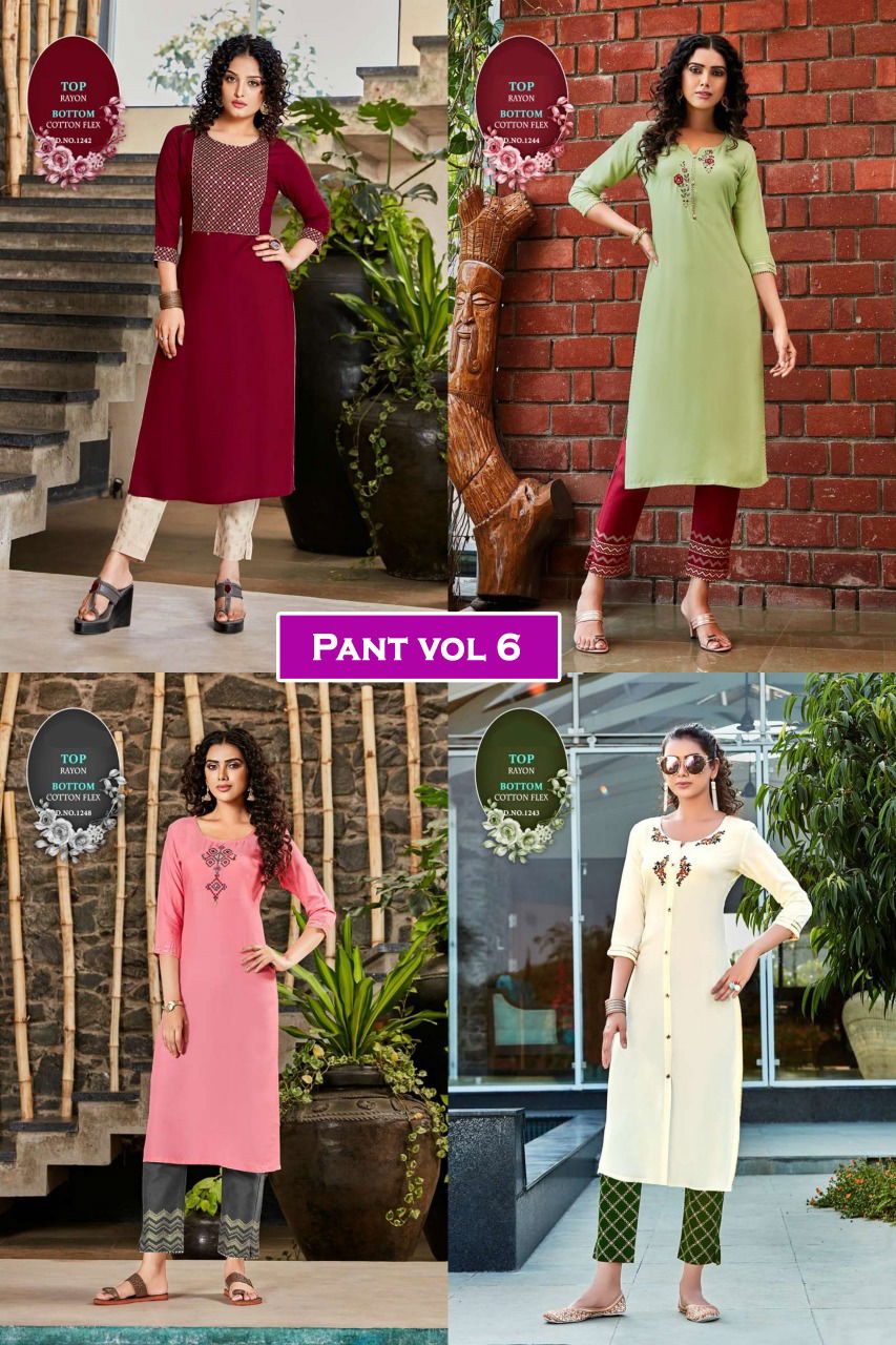 Pant 6 Desinger fancy latest Casual Wear Rayon Kurti With Bottom Collection
